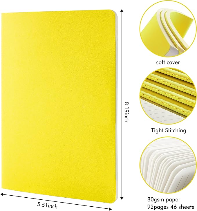 feela 8 Pack Soft Cover Journal Bulk, Notebooks College Ruled for Work, Lined Travel Journal for Women Men, Note Taking Notebook School Supplies Business Writing, 8.2” x 5.5”, A5, Lemon Yellow