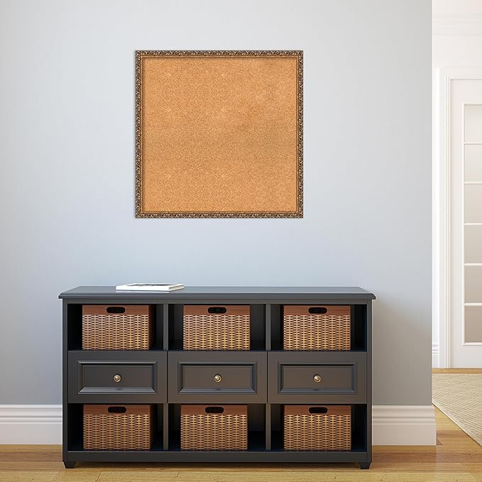 Amanti Art Natural Cork Board for Wall, 28x28 Vision Board with Bronze Frame, Large Corkboard Office Decor for Home Organization, Traditional Corkboard Pinboard to Display Items for Home Organization