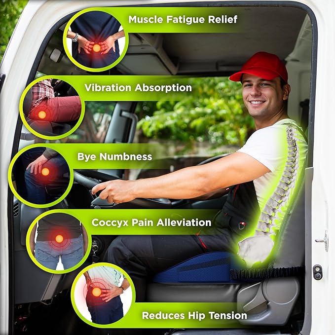 XL Truck Seat Cushion for Truck Driver Seat Cushion - Upgraded Back Support, CertiPUR-US® Certified - Thick Memory Foam, Pain Relief for Hours of Driving, Trucker Approved Big Rig - Navy