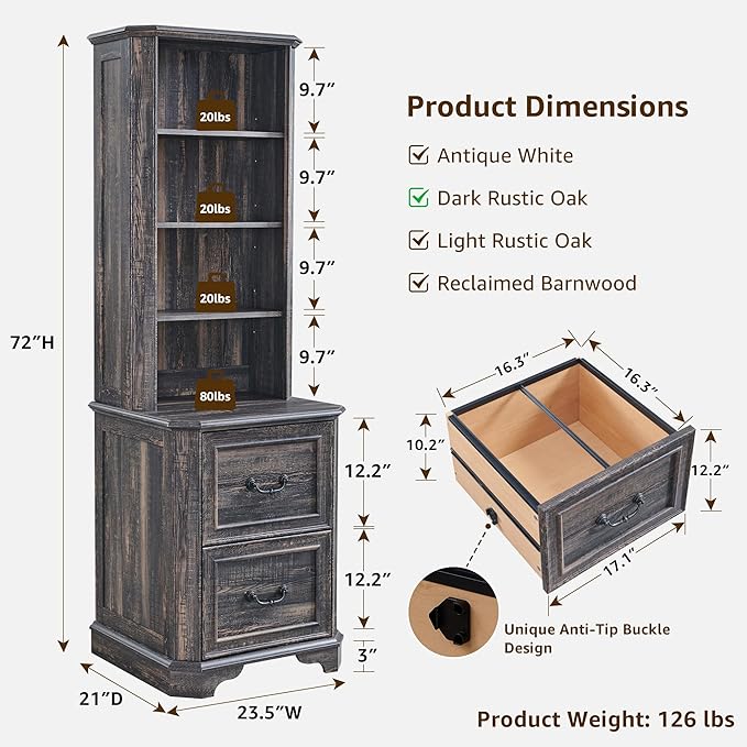 T4TREAM 6-Tier Bookcase with 2 File Drawers, 72" Tall Farmhouse Bookshelf with Storage & Adjustable Shelves, Wooden Floor Standing Display Book Shelf Organizer for Home Office, Dark Rustic Oak