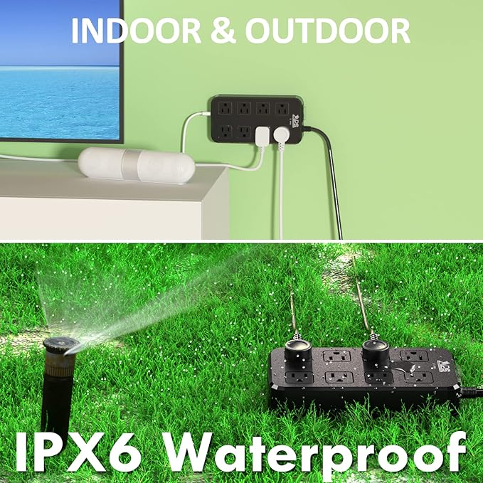 Outdoor Power Strip Weatherproof, Waterproof Surge Protector with 8 Wide Outlet with 3 USB Ports, 6FT Extension Cord,1875W Overload Protection,Outlet Extender for Christmas Lights ETL Listed Black