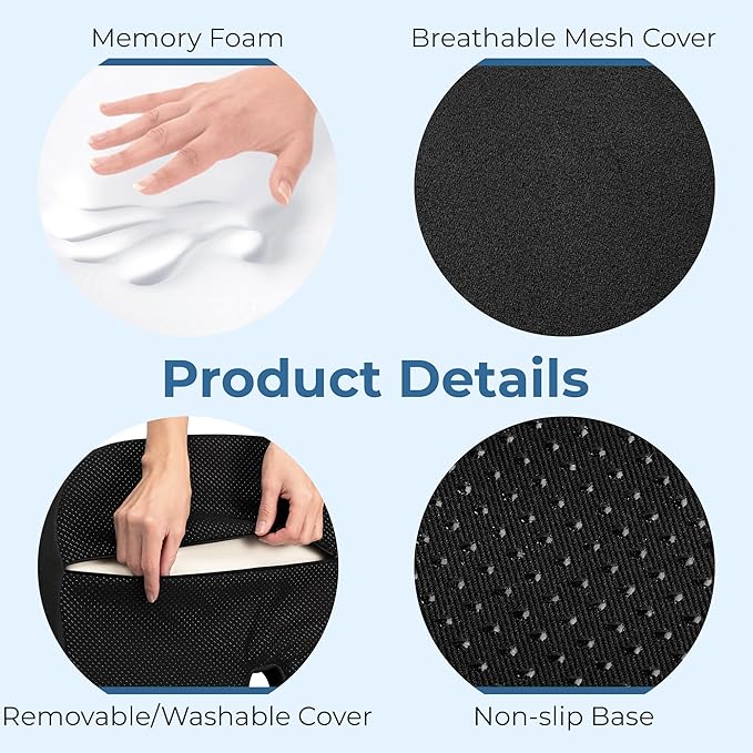 5 STARS UNITED Seat Cushion for Tailbone Pain Relief – Large Memory Foam Lifting Pillow for Coccyx, Hip, Sciatica & Post-Surgery Recovery – Wheelchair, Car, Desk, Gaming & Office Chairs, Black