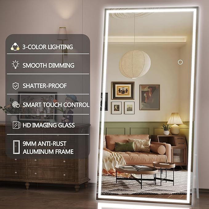 Hasipu Full Length Mirror with Lights, 79" x 32" LED Lighted Floor Standing Mirror, Full Body Dressing Hanging Mounted Mirrors, Dimmable, Tempered Glass, Safe to Use, Square White