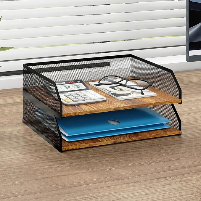 Natwind 2-Tier Stackable Paper Tray, Metal Mesh Desktop Organizer, Paper Sorter, Letter Trays,File Document Storage Rack for for Home, Office, School (Retro)