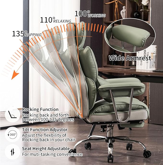 Efomao Big and Tall Office Chair 400lbs - Executive Office Chairs with Footrest, Heavy-Duty PU Leather Computer Chair for Heavy People, Light Green Home Office Desk Chairs