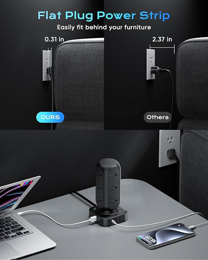 Tower Surge Protector Power Strip, Flat Plug 10FT Extension Cord with Multiple Outlets, 12 AC Outlets & 8 USB Ports, 24W Outlet Extender Overload Protection for Home Office Room