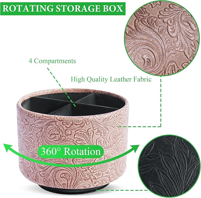 lizimandu Round Leather Art Supply Organizer,Remote Control Holder,360 Degree Spinning,Multi-Functional Pencil Holder,4 Compartments Desktop Stationary Organizer(1-Carved Wood Beige)