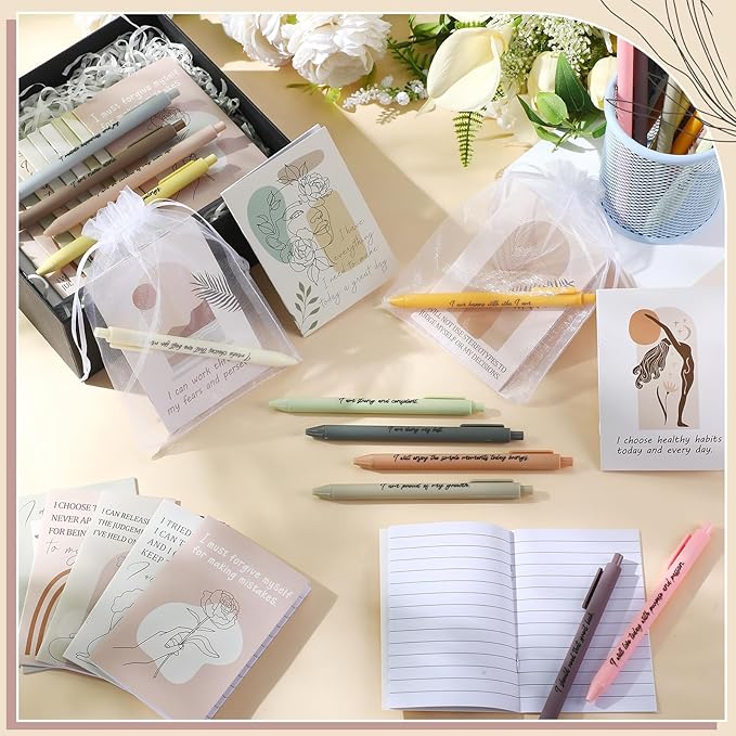 24 Set/48 Pcs Positive Affirmation Gift Set Gratitude Notebooks with Pens Small Bags Motivational Encouragement Notepads Daily Affirmations Journal for Women Stress Relief Self Care (Boho)