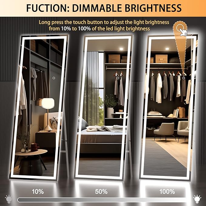 Hasipu Full Length Mirror with Lights, 65" x 20" LED Floor Mirror, Full Body Dressing Standing, Hanging Mounted Mirror for Living Room Bedroom Cloakroom, Square White