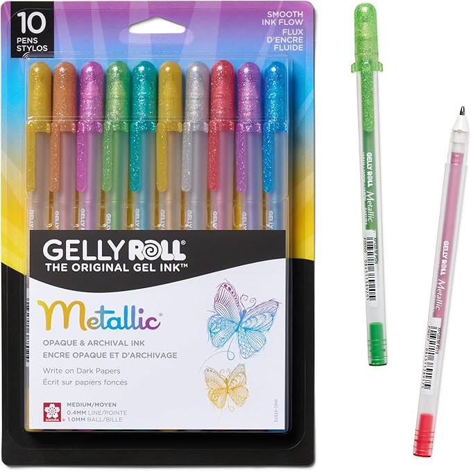 SAKURA Gelly Roll Metallic Gel Pens - Pens for Scrapbook, Journals or Drawing - Art Gifts, DIY Projects - Colored Metallic Ink - Medium Line - 10 Pack