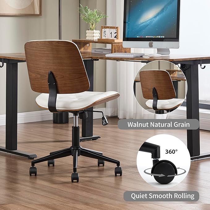 Small Home Office Chair - Armless Mid Back Desk Chair with 360° Swivel and Wheels, PU Upholstered Height Adjustable Modern Walnut Computer Chair for Home, Office Meeting Room - White