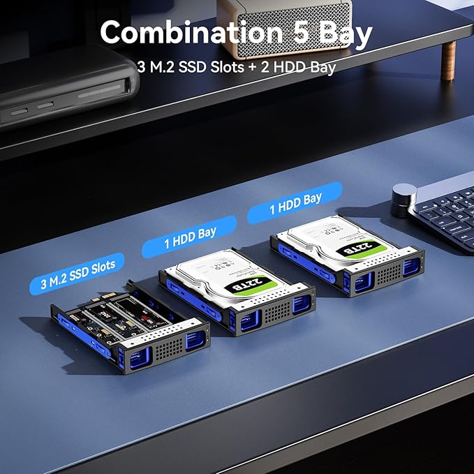 Hybrid 2*2.5/3.5" SATA HDD/SSD+3* M / B+M Key M.2 NVMe Enclosure with Cooling Fan and USB A/C 3.2 Gen 2, Hard Drive Enclosure Support 68TB(2*22TB HDD+3*8TB 2230/2242/2260/2280/22110 SSDs)