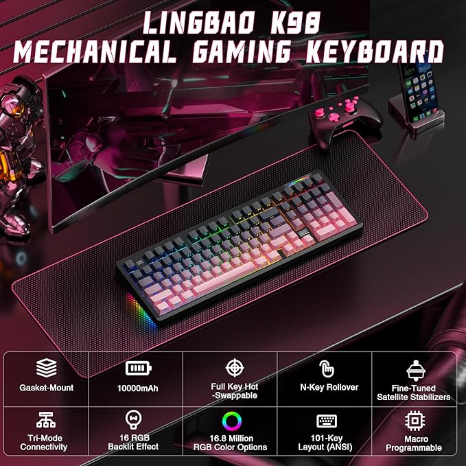 LINGBAO K98 Wireless Mechanical Gaming Keyboard, 10000mAh Battery Tri-Mode BT5.0/2.4GHz/USB-C, Gasket Custom Hot-Swappable Linear Switches Mechanical Keyboards, RGB Backlit Keyboard for PC Laptop
