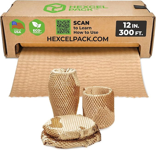 HexcelWrap Mini - Honeycomb Packing Paper, Eco-Friendly, Sustainable Paper Bubble Wrap for Shipping & Moving, Cushioned Packing Material in Easy Self-Dispenser Box - Natural, 12" x 300'