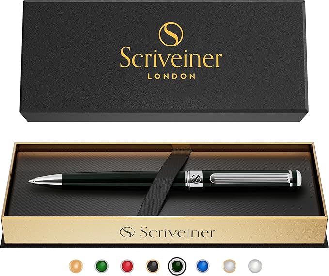 Scriveiner Black Green Ballpoint Pen - Black Green Luxury Pen, Chrome Finish, Schmidt Black Refill, Best Ball Pen Gift Set for Men & Women, Professional Executive Office, Nice Designer Pen