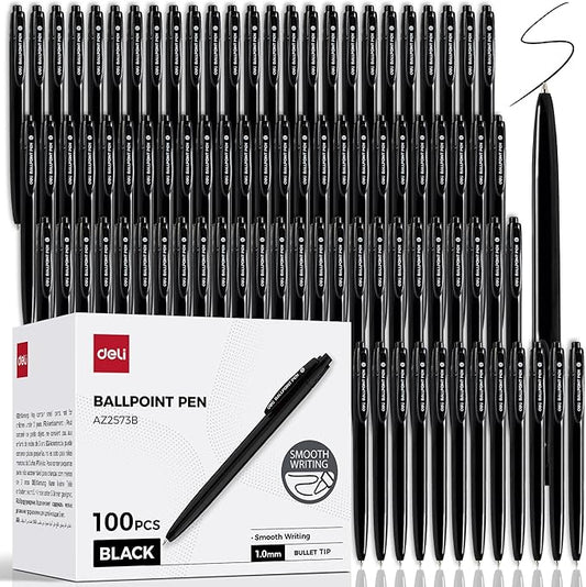 deli Pens Bulk, 100 Pack Retractable Ballpoint Pens, 1.0MM Black Ink,Smooth Writing, No Bleed, Comfortable Grip for Home,Office & School Use