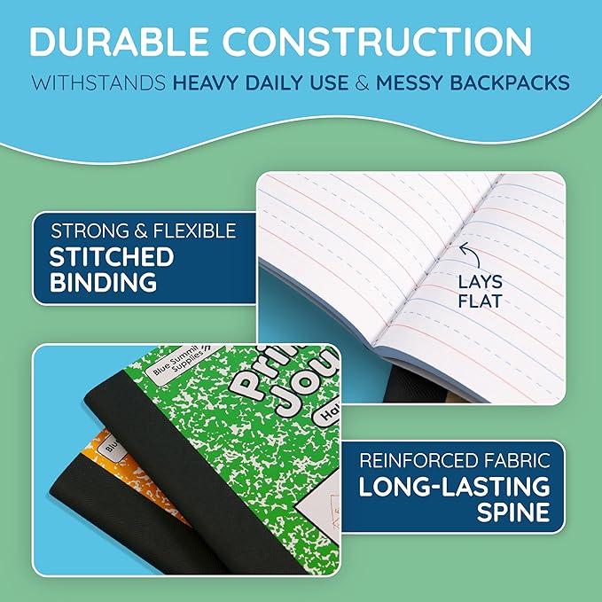 Blue Summit Primary Composition Notebook K-2, Primary Journal Grades K-2, Writing Journal for Kids in Preschool, Kindergarten Notebook For Kids to Learn to Write, 100 Sheets, 6 Pack, Assorted Colors