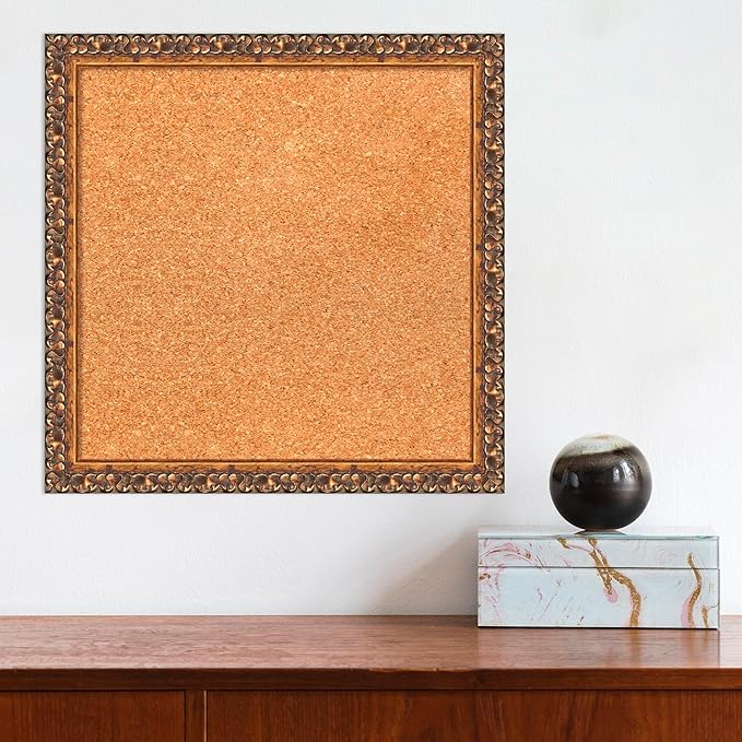 Amanti Art Natural Cork Board for Wall, 16x16 Vision Board with Bronze Frame, Small Corkboard Office Decor for Home Organization, Traditional Corkboard Pinboard to Display Items for Home Organization
