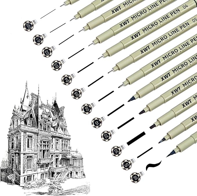 Micro Fineliner Pens 12 Size/Set, Ultra Fine Fineliner Pen, Chisel Pens, Brush Marker Pen, Water-based Black Pigment Ink, Drawing Journaling Doodle Supplies for Artists, Designers, Students