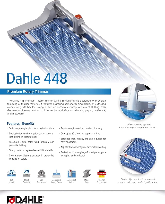 Dahle 448 Premium Rotary Trimmer, 51" Cut Length, 20 Sheet Capacity, Self-Sharpening, Automatic Clamp, German Engineered Paper Cutter