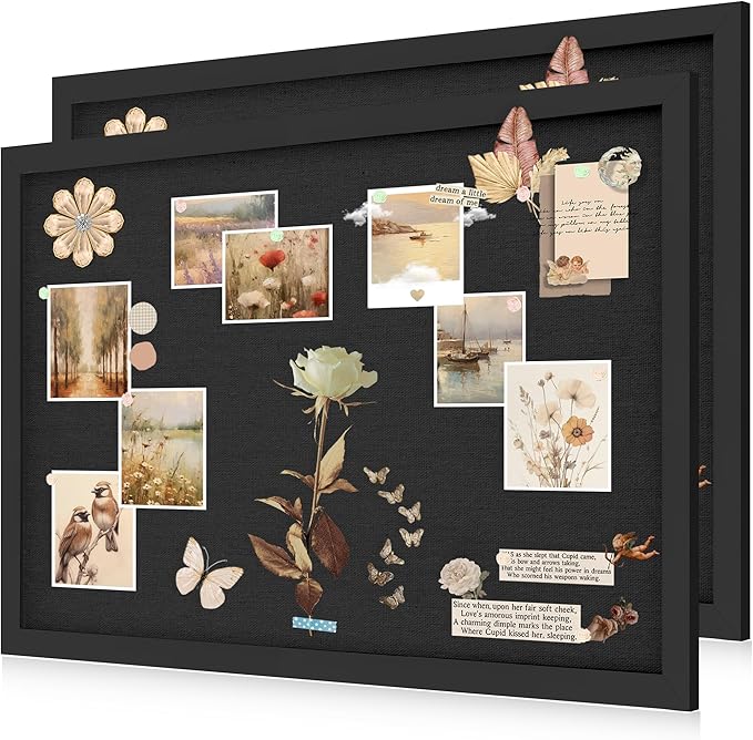 Black Cork Board Bulletin Board 18" x 24", 2-Pack Large Linen Corkboards with Frame for Walls, Cute Picture Display Pin Board Vision Board for Room School Office Bedroom 40 Pushpins