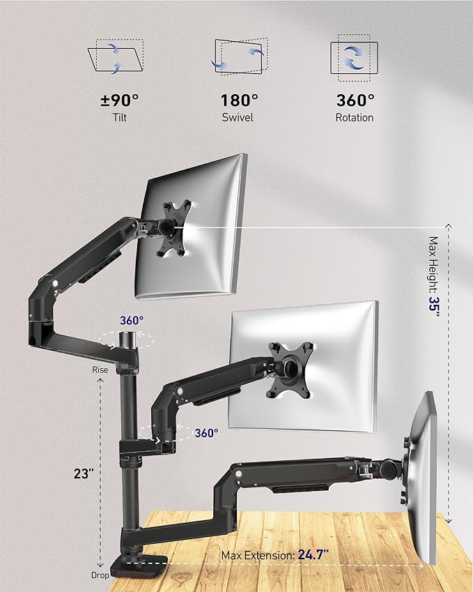 Triple Monitor Mount, Holds Screens up to 40 Inches and 25 lbs, Fully Adjustable 3 Monitor Desk Mount with C-Clamp and Grommet Base, Aluminum, Black
