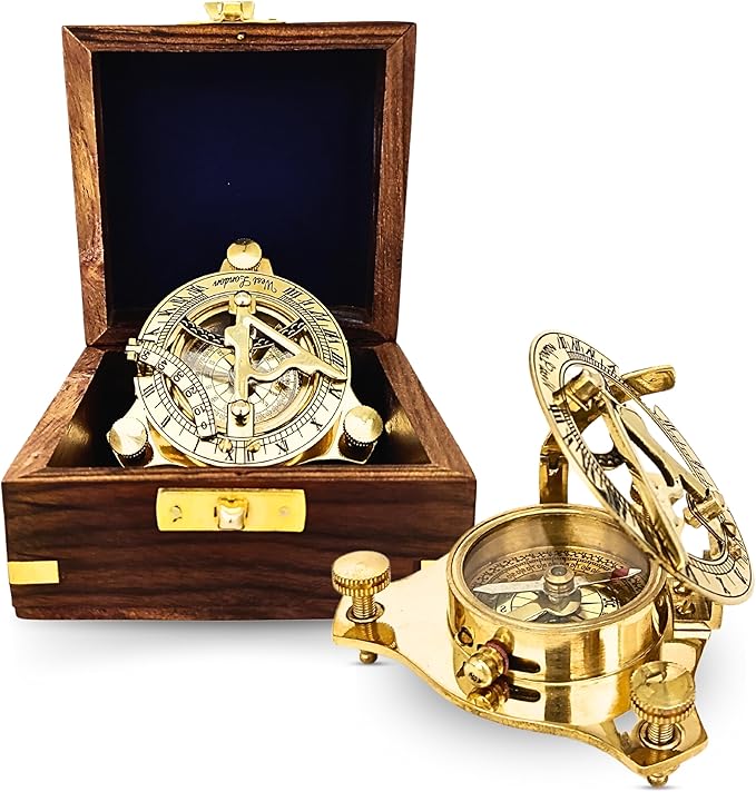 Antique Brass & Copper Sundial Compass, Sundial Clock in Box Gift Sun Clock Ship Replica Watch, Nautical Gifts for Men, Unique Nautical Decor, Naval Maritime Sundial (#4 Golden Sundial)
