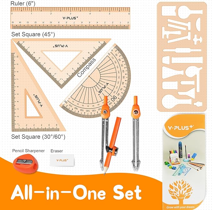 YPLUS Geometry Set for Students, Math Protractor Compass, Box of Protactors Kit for Class Supplies and School Kids Toddler - 11 Pcs