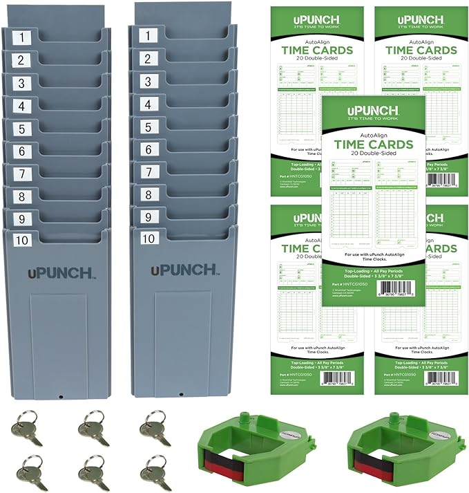 uPunch HN3500 Advanced Time Clock Bundle for Small Business: Complete Employee Time Tracking System with 100 Time Cards, 2 Racks, 2 Ribbons, and 6 Keys