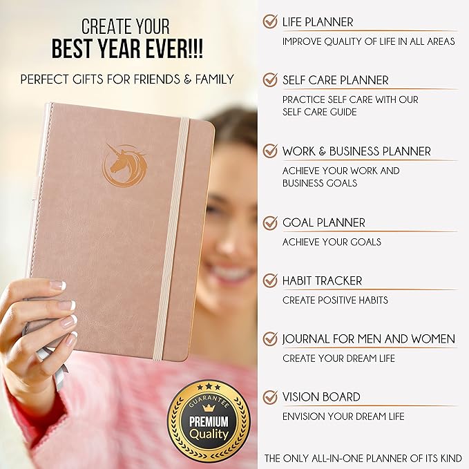 Life Planner - Undated Daily, Weekly & Monthly Planner with Budget Section | A 12 Month Journey to Increase Productivity & Happiness | Life Organizer & Gratitude Journal - Horizontal Format