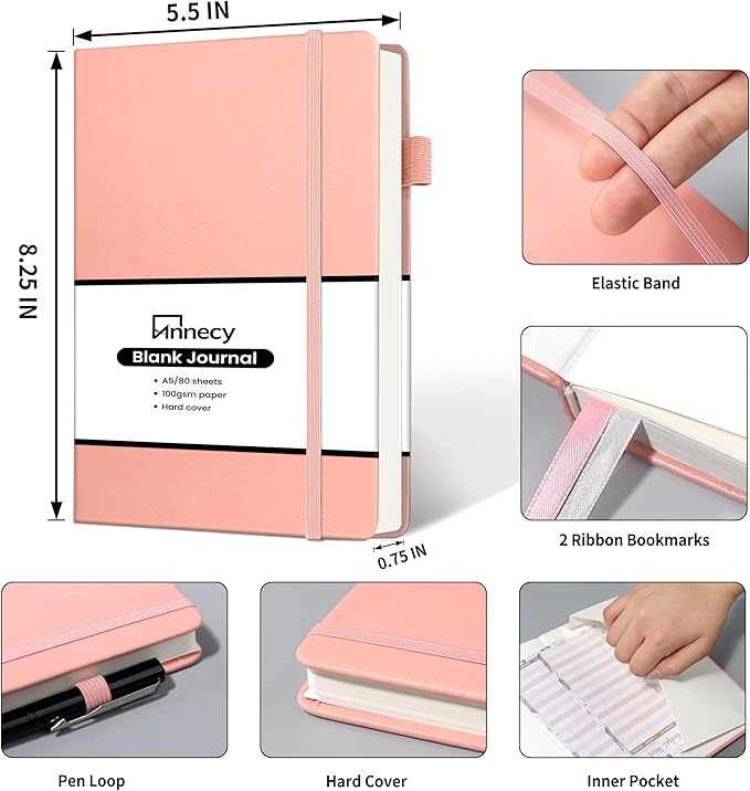 Annecy Blank Journal Notebook, Medium 5.5x 8.25, 160 Pages 100GSM Writing Paper, A5 Peach Pink Faux Leather Cover with Pen Loop