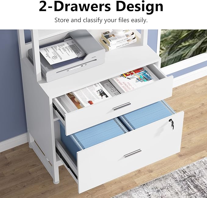 Tribesigns 2 Drawer Vertical File Cabinet with Lock & Bookshelf, Letter Size Large Modern Filing Cabinet Printer Stand with Open Storage Shelves for Home Office, White