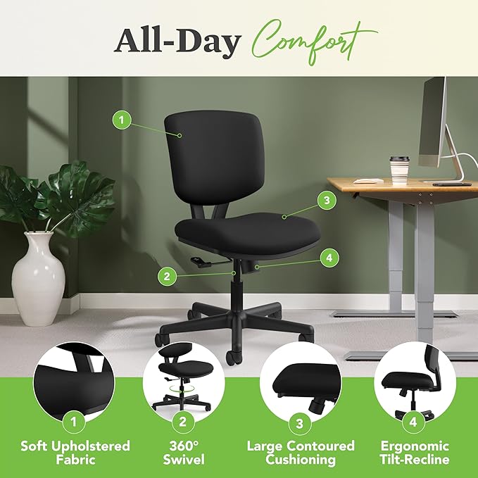 HON Volt Armless Chair, Ergonomic Adjustable Center-Tilt Recline, Fabric Back and Seat, Swivel Desk Chair, Black
