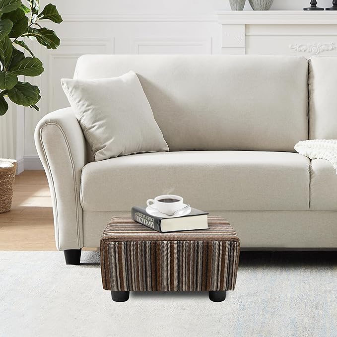 CAROLMADE Small Foot Stool Ottoman Footstool with Legs Under Desk Footrest for Living Room Bedroom and Office,Linen-Stripe Brown