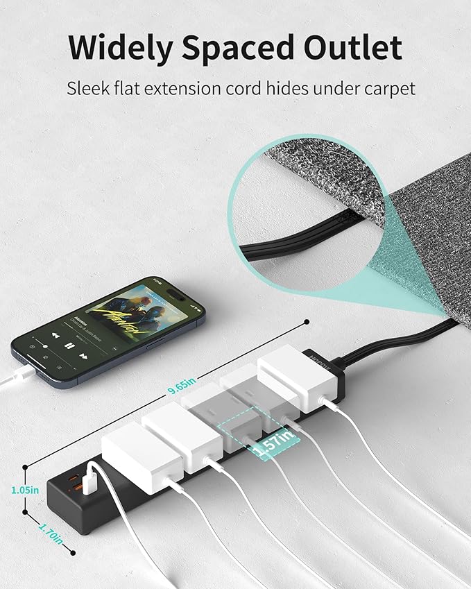 Flat Plug Power Strip, 6 Ft Ultra Thin Extension Cord, Surge Protector with 5 Outlets & 3 USB Ports (2 USB C), 1700 Joules, Wall Mount, Desktop Charging Station for Home Office Dorm, Black