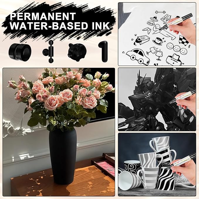 Paint Markers Paint Pens - 2 Pack Dual Tip Acrylic Permanent Marker (0.7mm & 3mm), Non-Toxic, Water-Based for Art Painting, Stone, Ceramic, Glass, Wood, Fabric, Metal, DIY Crafts (Black)