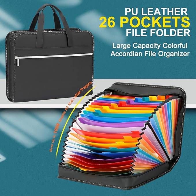 SEEKIND PU Leather Accordian File Organizer 26 Pockets, Expanding File Folder with Handle, Portable Document Organizer Accordion File Keeper for Letter Size / A4 File, for Office, School-Black