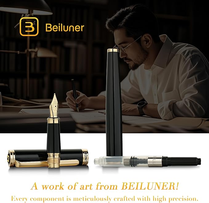 BEILUNER Black Fountain Pen,Stunning Luxury Piano Lacquer,24K Gilded Nib(Medium),Gorgeous 24K Gold Finish,Ink Converter, Gift for Men&Women-Elegant, Reliable, Office, Professional Pens for Writing