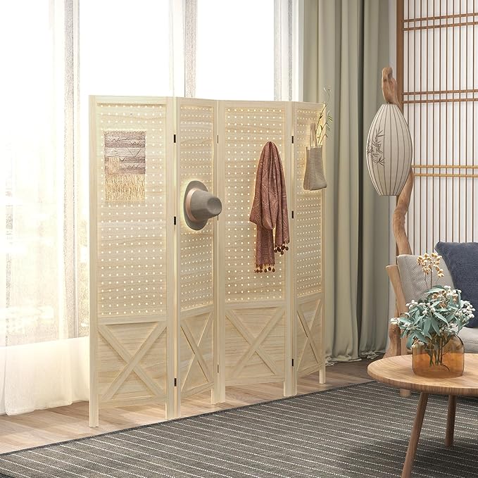 NicBex Room Divider 4 Panel Room Dividers with Pegboard Design Partition Room Dividers and Folding Privacy Screens 4.7 FT Wall Divider for Home, Office, Room Separation,59.75"W x 0.75"D x 57"H,Natural
