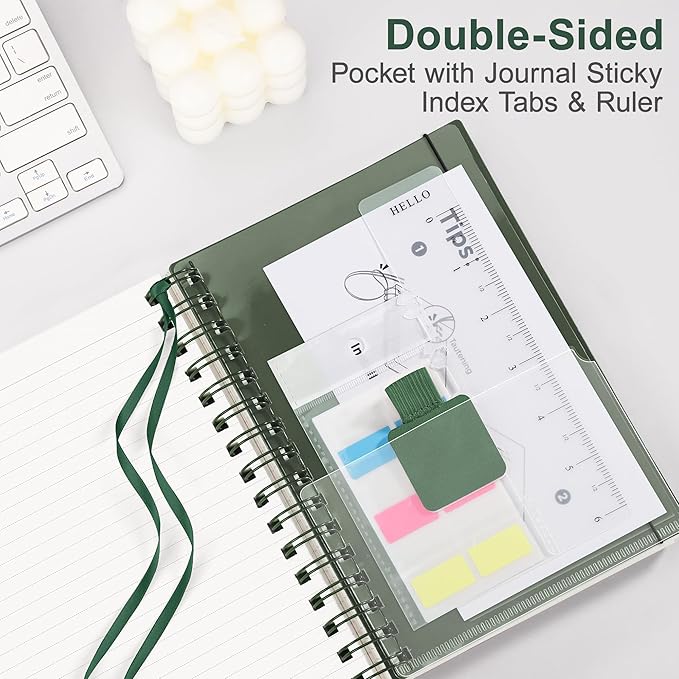 RETTACY Spiral College Ruled Notebook, 300 Pages, A5 Medium Size (5.7" x 8.2"), for School, Work, Writing, Journaling, 100 GSM Thick Paper, Flexible Plastic Cover (Deep Green)