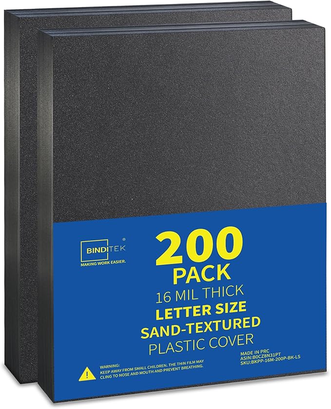 Binditek 200 Pack 16 Mil Sand-Textured Polycover, Midweight Binding Front and Back Covers, Lightly Sanded Finish, 8-1/2" x 11", Square Corners, Un-Punched, Black