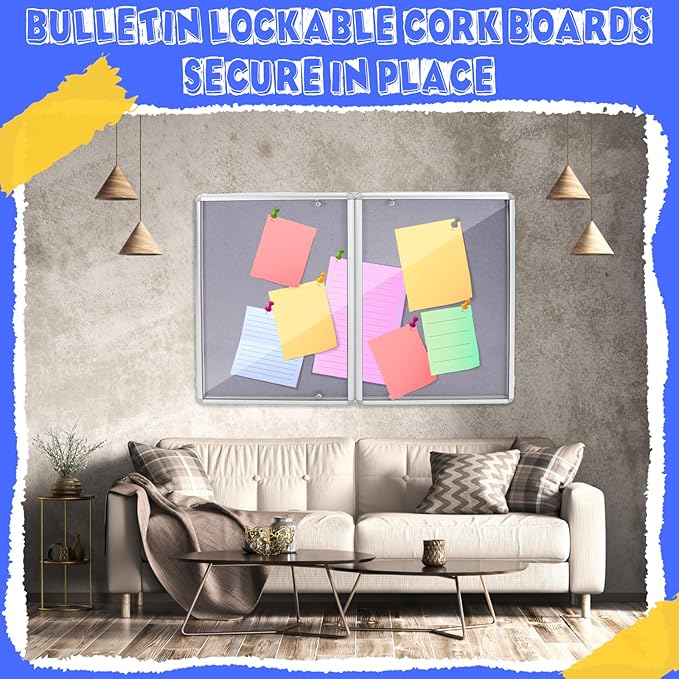 2 Pack Enclosed Bulletin Board 48"x36" Weather Resistant Lockable Enclosed Notice Cork Case Display Board Wall Mounted 2 Locking Door Aluminum Frame for Back to School Classroom, 12xA4(Gray)