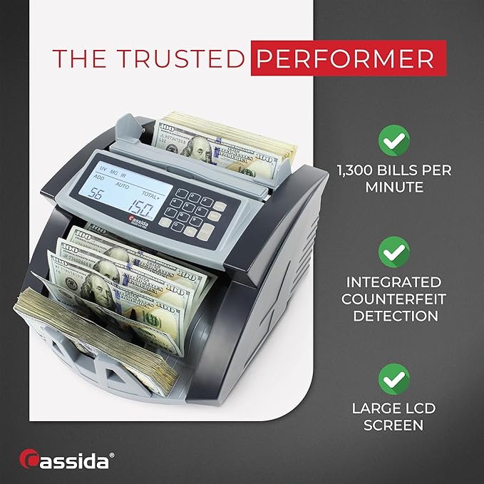 Cassida 5520 UV/MG - USA Money Counter with ValuCount, UV/MG/IR Counterfeit Detection, Add and Batch Modes - Large LCD Display & Fast Counting Speed 1,300 Notes/Minute