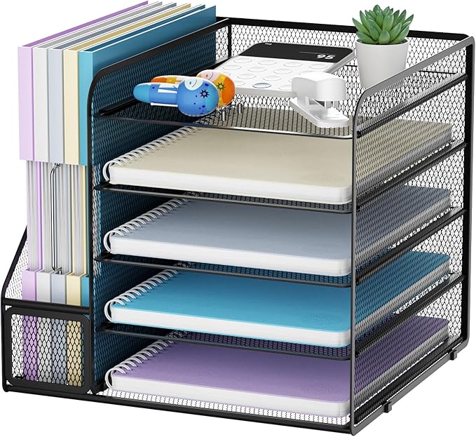 Marbrasse Desk Organizers and Accessories, 5-Tier Paper Letter Tray Organizer with File Holder, Mesh File Organizer, Office Desk Accessories & Organization for Supplies (Black)