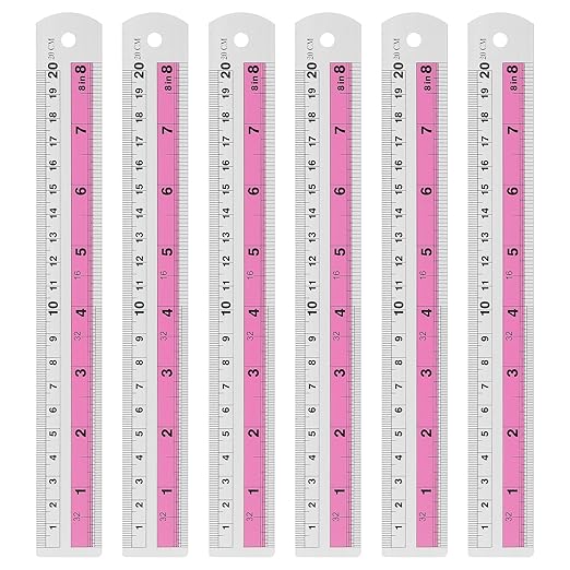 HARFINGTON 6pcs Metal Straight Ruler 20cm Metric SAE Aluminum Alloy Measuring Rulers Scale Tools with Hole for Measure Study Reading Classroom Office, Pink