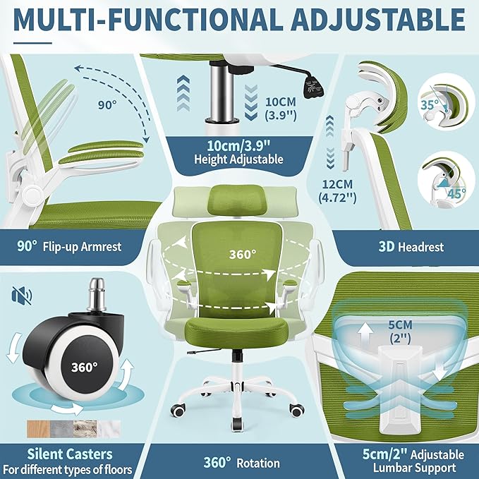 FelixKing Ergonomic Office Chair, Adjustable Lumbar Support, Swivel Chair with HighBack and Armrest, Adjustable Height Gaming Chair, Avocado Green
