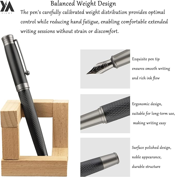 Fancy Fountain Pen Set – Fine & Medium Nibs, Includes 18 Ink Cartridges, Ink Converter, Syringe Filler, Luxury Gift for Writing, Journaling & Calligraphy，Black