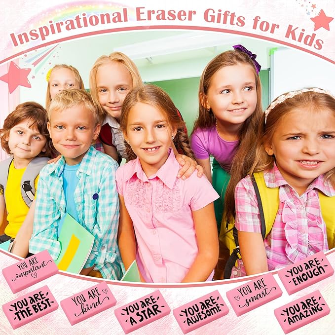 PerKoop 50 Pcs Pcs Inspirational Pink Erasers Bulk Small Motivational Block Pencil Erasers Back to School Gifts for Classroom Students Teachers Office Stationery Supplies