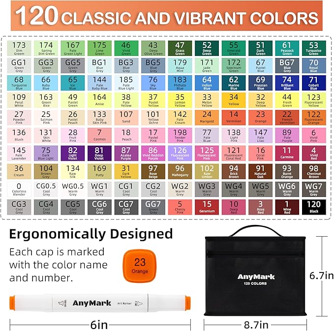 AnyMark Alcohol Markers, 120 Colors Dual Tip Art Coloring Markers Set for Kids Adult Book Drawing Sketching Painting, Chisel & Fine, White Penholder