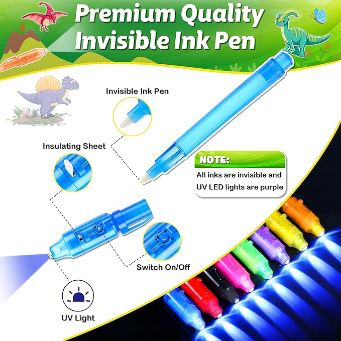 Invisible Ink Pens with UV light for Kids, Spy Pen Dinosaur Party Favors for Kids 8-12, 24Pack Invisible Ink Pen and Notebook, Magic Marker for Secret Message Birthday Party Favors for Kid 4-8